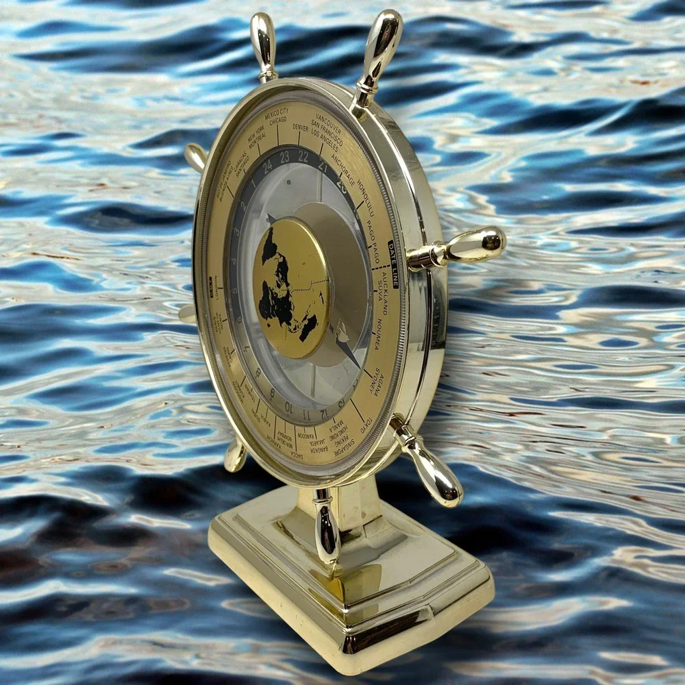 Vtg 1980's Seiko Ship Wheel World Time Clock Quartz Desk Clock Nautical QOZ153G